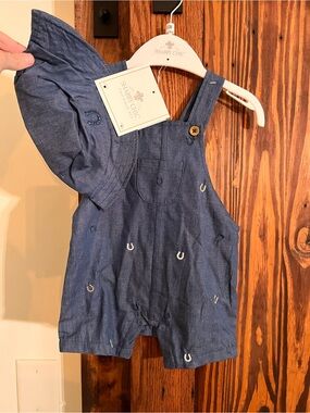 Shabby Chic Navy Denim Baby Shortalls with Horseshoe Embroidery